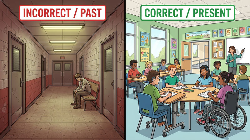 A comparison showing the before and after of disability rights — left side shows a 1970s institutional hallway, right side shows a modern inclusive classroom with students of various abilities learning together