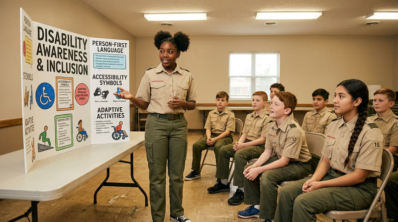 A Scout presenting about disability awareness to a group of Cub Scouts using a colorful poster board in a well-lit meeting room