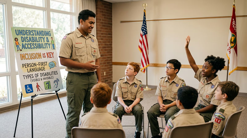 A Scout presenting about disability awareness to an engaged group of fellow Scouts at a troop meeting using a poster board