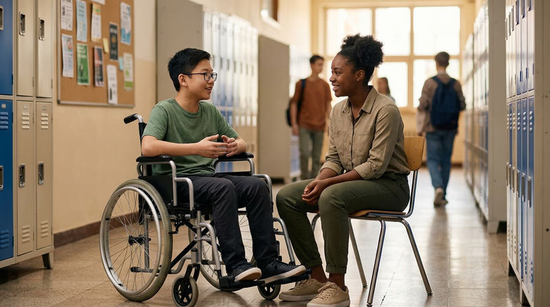 Two teenagers having a conversation, one seated in a wheelchair and the other sitting in a chair at the same eye level, in a school hallway