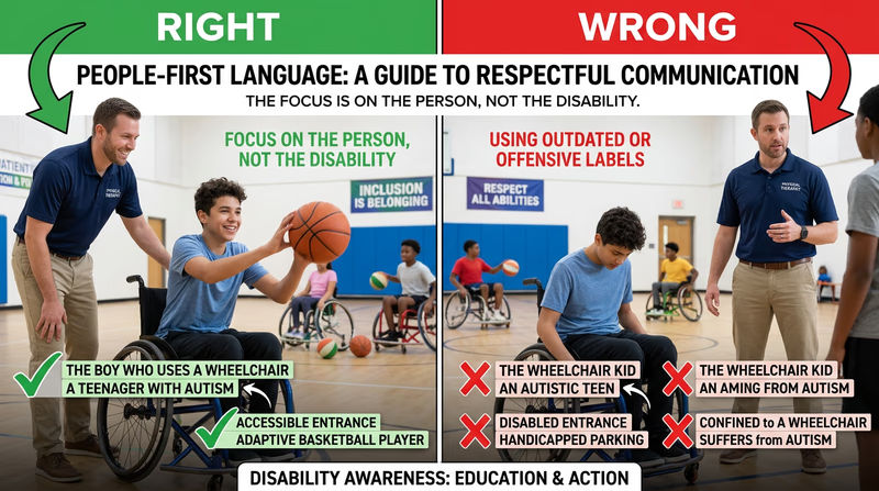 Split image showing a physical therapist helping a young person with exercises on parallel bars, and a special education teacher working one-on-one with a student using adaptive materials