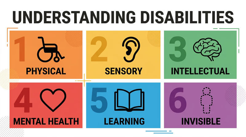An infographic showing six icons representing the main categories of disabilities: a wheelchair symbol for physical, an ear symbol for sensory, a brain symbol for intellectual, a heart symbol for mental health, a book symbol for learning, and a hidden figure symbol for invisible disabilities