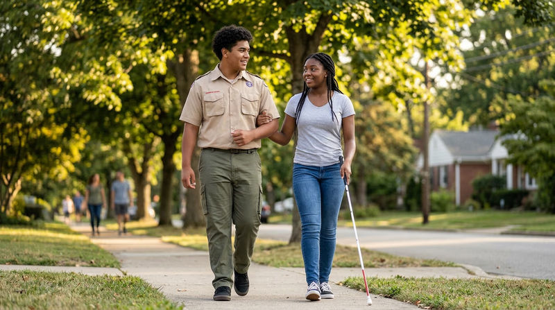 A Scout offering their elbow to a person with a white cane, demonstrating the proper sighted guide technique on a sidewalk