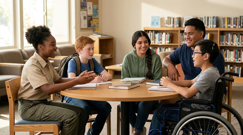 Diverse teenagers including a Scout having a friendly conversation around a table, one person using a wheelchair and another wearing a hearing aid, all engaged naturally
