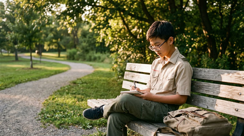 A Scout sitting outdoors on a park bench writing thoughtfully in a journal, with late afternoon light and a peaceful setting