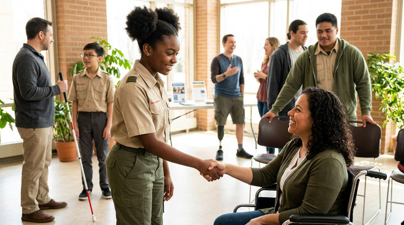 A Scout in a clean Scout uniform shaking hands with a person in a wheelchair at a community center, with other people of various abilities in the background