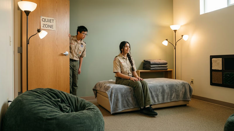 A calm, softly-lit quiet room in a community building with comfortable seating, dim adjustable lamps, and muted colors designed as a sensory-friendly space
