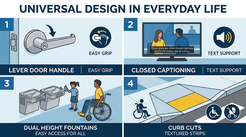 An infographic showing four examples of universal design: a lever door handle, closed captions on a TV screen, a two-height drinking fountain, and a sidewalk curb cut
