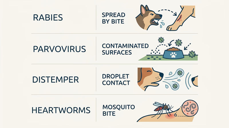 Four-row comparison diagram showing how rabies, parvovirus, distemper, and heartworms spread