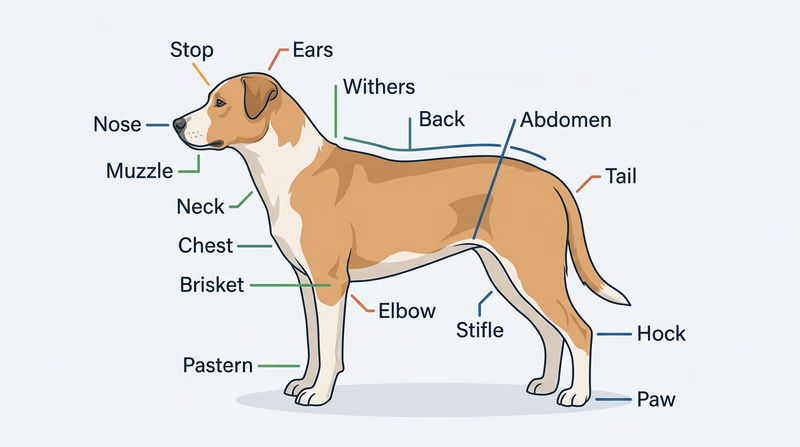 Side-view dog anatomy diagram labeling major external body parts including muzzle, withers, brisket, hock, and paw