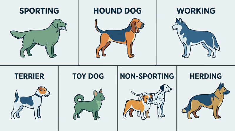 Seven representative dog types shown side by side for the sporting, hound, working, terrier, toy, non-sporting, and herding groups