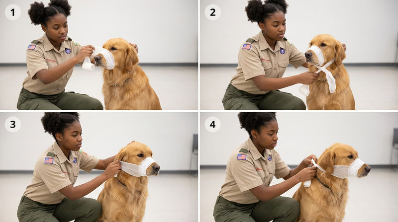 Four-step sequence showing how to place an improvised emergency muzzle on a dog using gauze or cloth