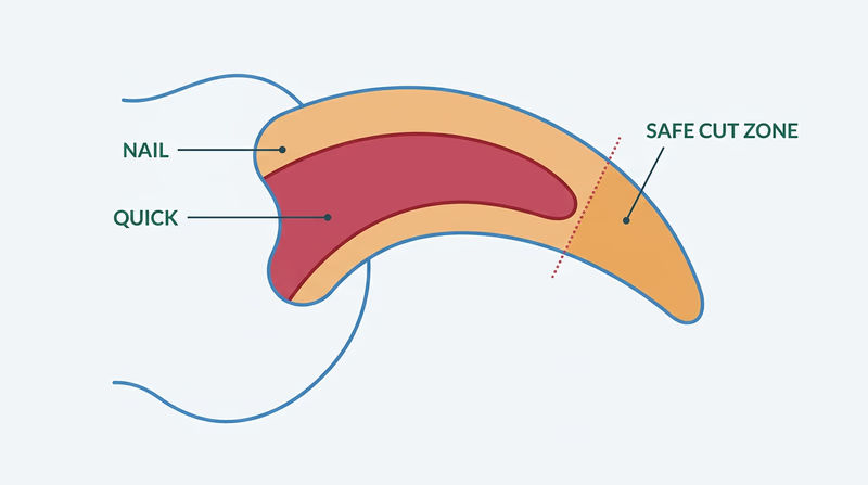 Cross-section diagram of a dog nail showing the quick and a safe trim zone