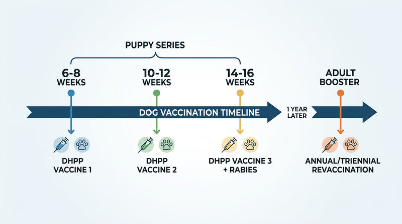 Timeline showing a puppy vaccine series from 6 to 8 weeks through 16 weeks, followed by adult booster stages