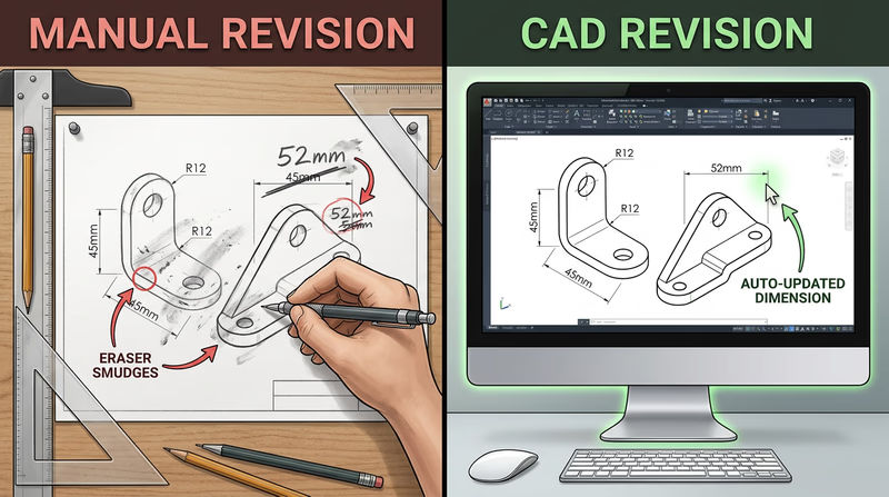 Split comparison showing a messy manual revision with eraser smudges versus a clean CAD revision with automatic dimension updates