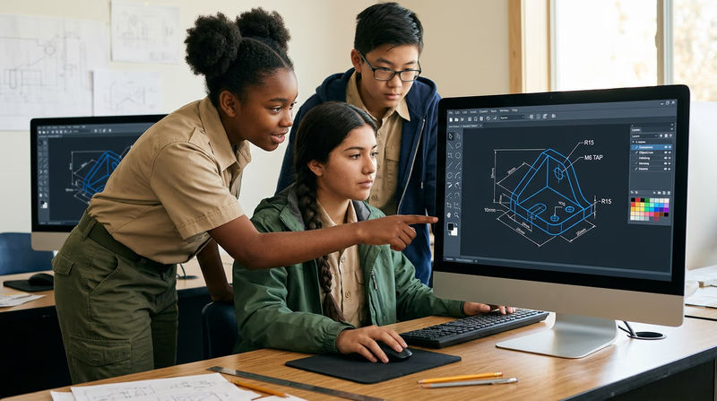 A computer screen showing a CAD software workspace with a mechanical part drawing including dimension lines, a toolbar on the left, and a layer panel on the right