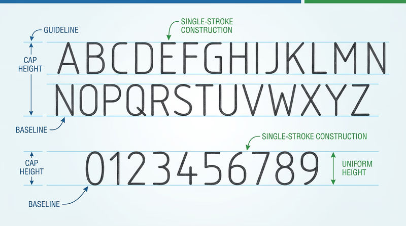 Sample of single-stroke vertical Gothic lettering showing the full alphabet in uppercase, numerals 0-9, and guidelines demonstrating proper letter height and spacing