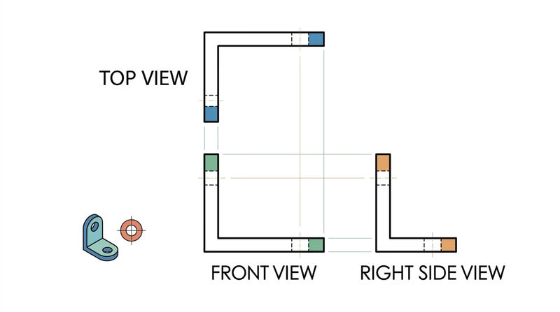 Third-angle orthographic projection diagram showing front, top, and right side views of an L-shaped bracket with projection lines connecting features