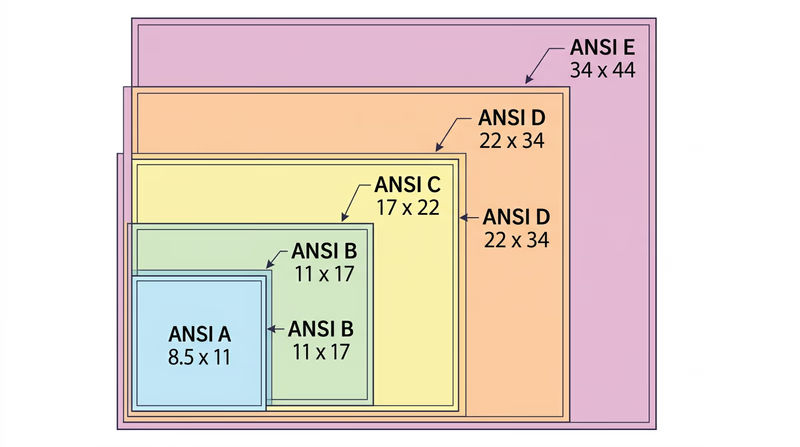 Diagram showing five standard ANSI drawing paper sizes nested inside each other from smallest (A) to largest (E)