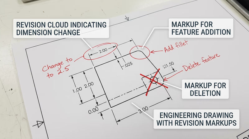 An engineering drawing with red pen markups showing correction clouds, dimension changes, and annotation notes typical of a professional redline review