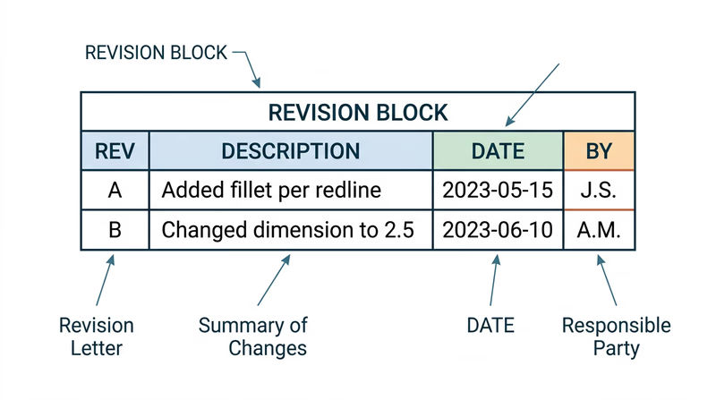A close-up of a drawing revision block table showing columns for revision letter, description, date, and initials, with two sample entries filled in