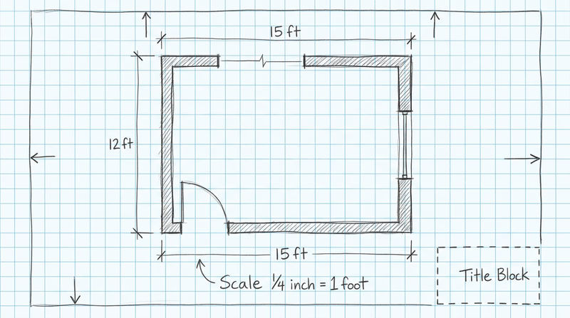 A hand-drawn rough sketch on graph paper showing a simple floor plan layout with annotations indicating border spacing, title block location, and scale notes
