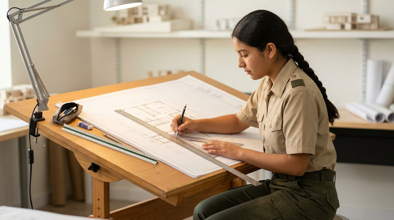 A Scout at a drafting table working on a technical drawing with T-square and triangle