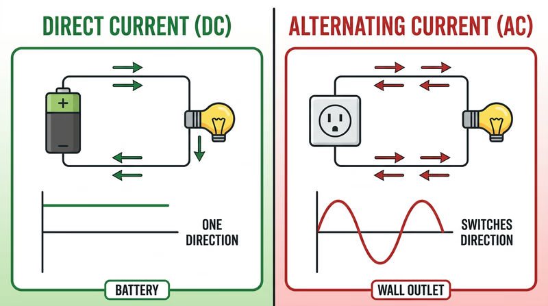 Side-by-side comparison of direct current flowing one direction and alternating current reversing direction over time