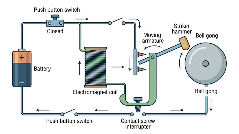 Labeled battery and electric bell circuit showing the coil, armature, striker, bell, and interrupter cycle