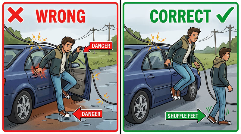 Correct versus incorrect way to exit a car with a downed utility wire, showing the jump-clear and shuffle-away method