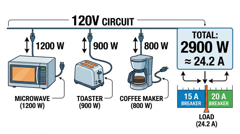 Three kitchen appliances adding up to more current than a 15-amp or 20-amp branch circuit can safely carry