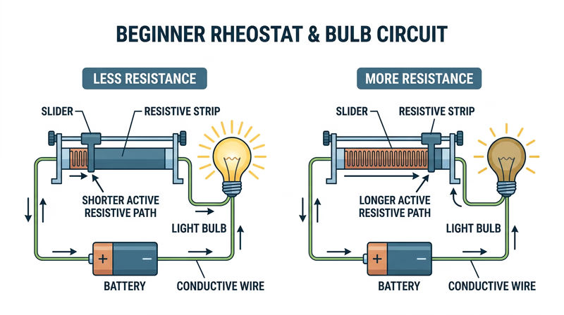 Rheostat diagram showing a movable contact changing the resistive path and making a bulb brighter or dimmer