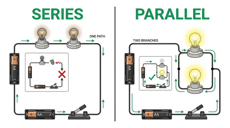 Side-by-side series and parallel two-bulb circuits showing brightness and what happens when one bulb is removed