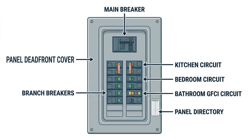 Residential breaker panel showing the main breaker and several labeled branch circuit breakers