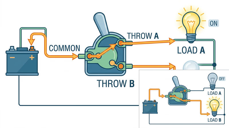 SPDT switch routing current from one common terminal to one of two different light loads