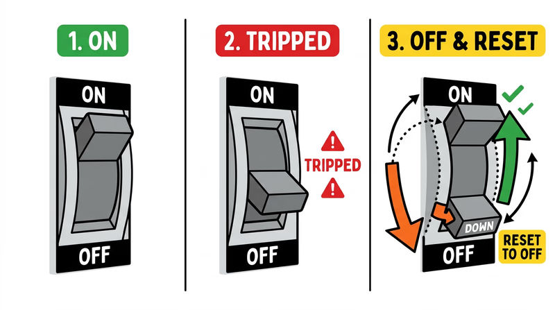 Breaker handle positions showing on, tripped, off, and the correct reset sequence back to on