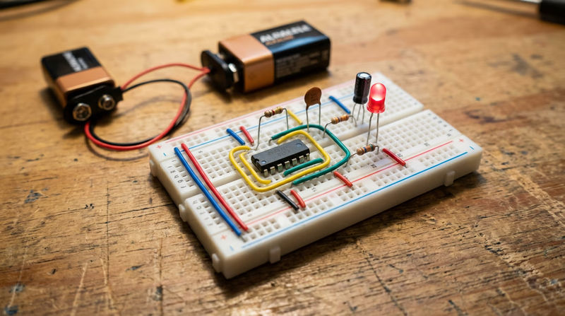 A breadboard circuit project with a 555 timer IC, LED, resistors, and capacitors wired up with colorful jumper wires