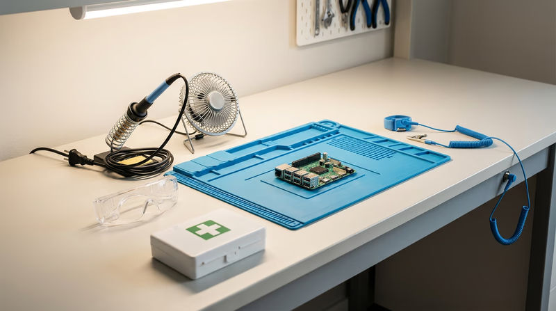 A well-organized electronics workbench showing safety glasses, a soldering iron in its stand, a fume extractor fan, and anti-static wrist strap laid out neatly