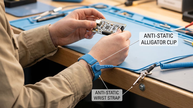 Close-up of hands wearing an anti-static wrist strap clipped to a grounded workbench while handling a circuit board
