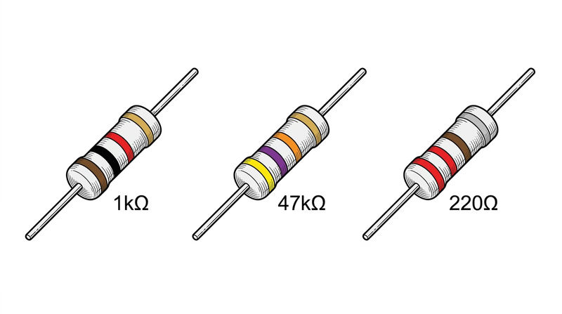 Three through-hole resistors shown side by side with colored bands clearly visible and their resistance values labeled