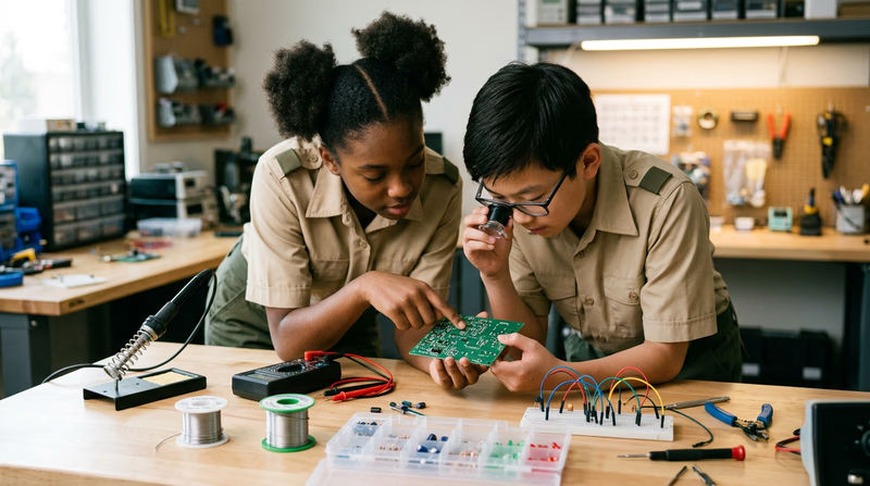 A teenager in a clean Scout uniform examining a circuit board at an electronics workbench with a soldering iron, multimeter, and components visible