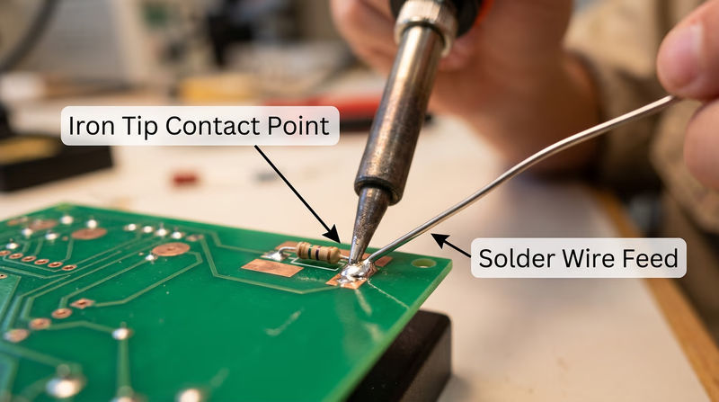 Step-by-step demonstration of soldering technique showing iron placement against the component lead and copper pad, with solder wire being fed into the heated joint
