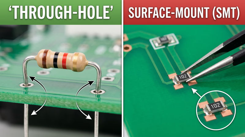 Side-by-side comparison showing a through-hole resistor next to a surface mount resistor on a circuit board, with the dramatic size difference clearly visible