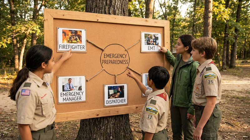 A career path infographic showing different emergency services careers branching from a central 'Emergency Preparedness' label