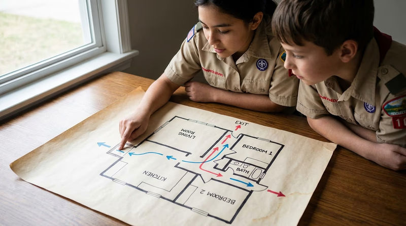 A simple hand-drawn floor plan of a home showing rooms, doors, windows, and marked escape routes