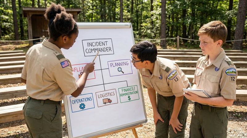 An organizational chart showing the ICS structure: Incident Commander at the top with Operations, Planning, Logistics, and Finance sections below