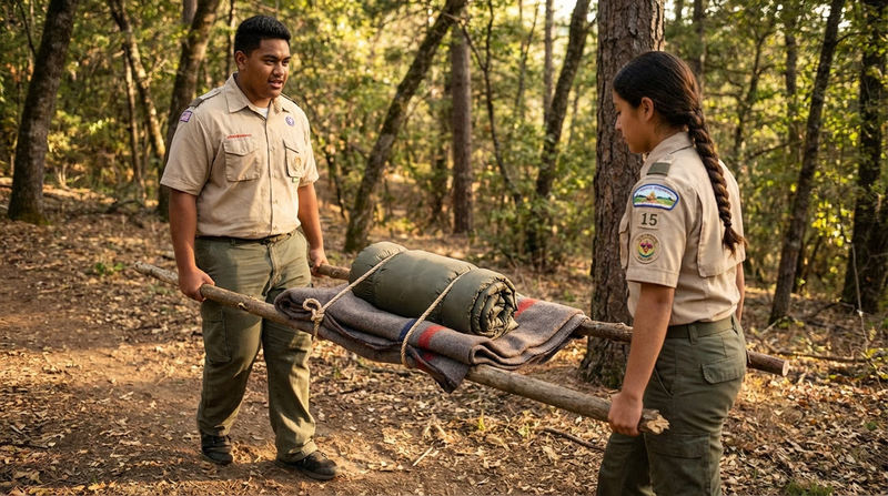 Two Scouts carrying an improvised blanket-and-poles stretcher through a wooded trail