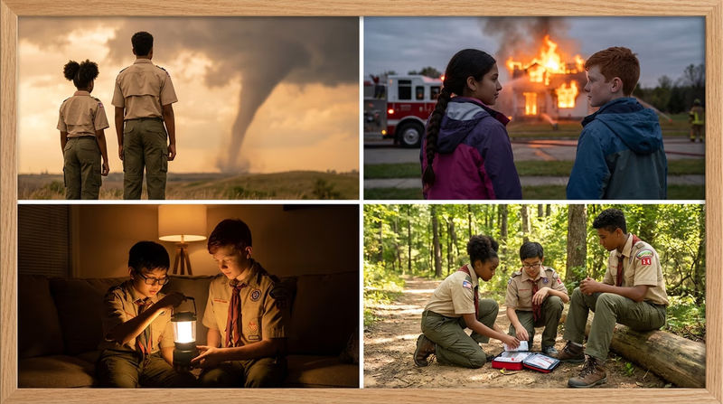 Four panels showing different types of emergencies: a tornado, a house fire, a power outage, and a first aid situation