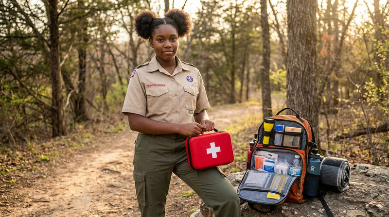 A Scout standing confidently with an emergency kit, ready to respond