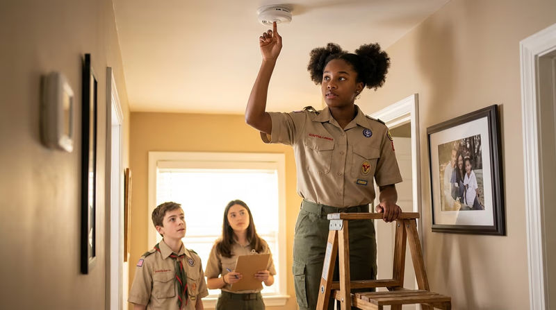 A Scout reaching up to press the test button on a smoke detector mounted on a ceiling